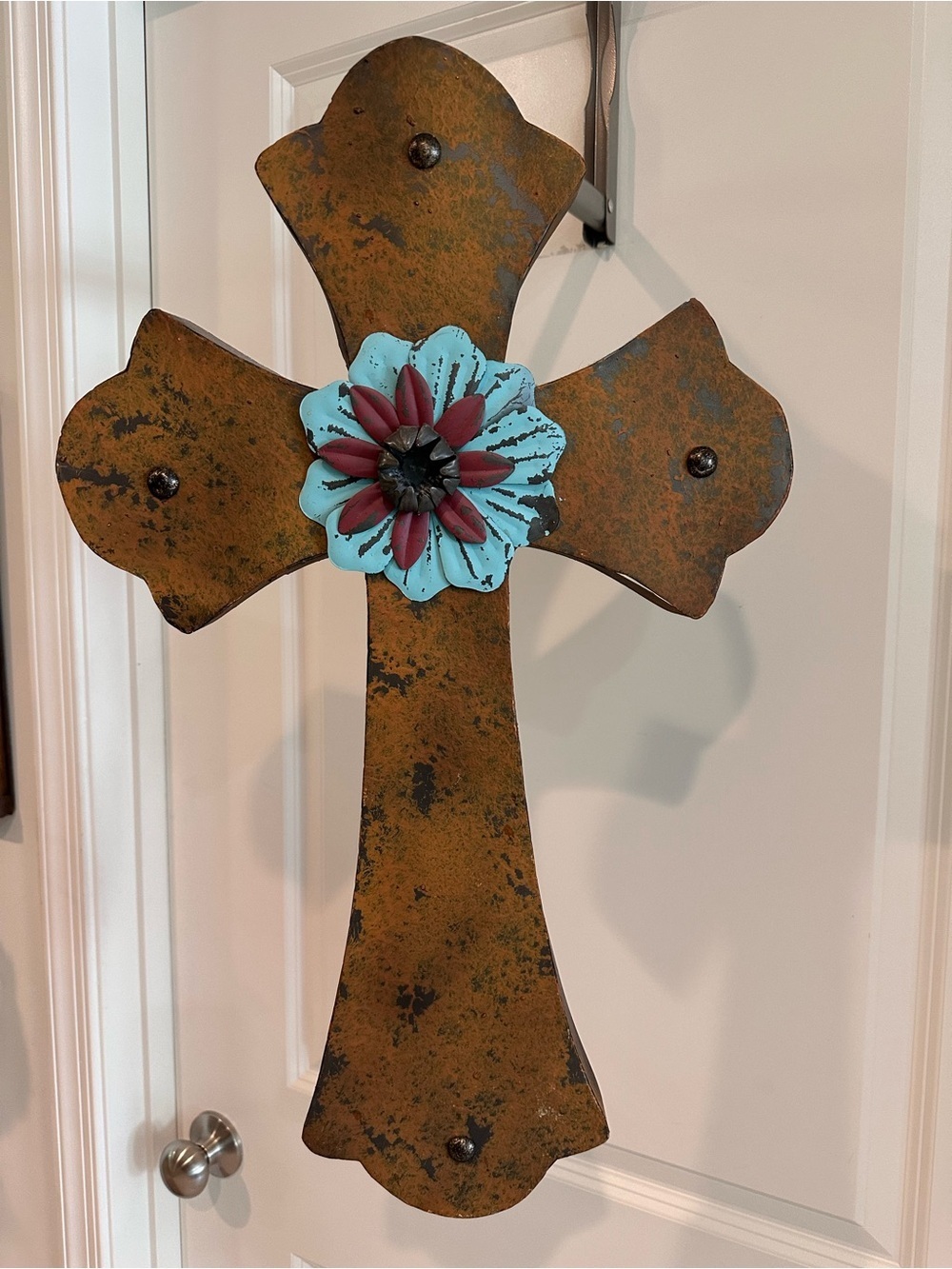 Authentic Texas Rustic Metal Cross Wall Decor with Turquoise Desert Flower - NWT